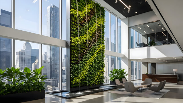 Modern office lobby with lush vertical garden and city view through large windows featuring sleek furniture and minimalist decor