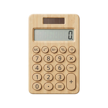 Realistic wooden calculator featuring digital screen with zero digit presented as object on transparent background