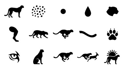 Obraz premium Cheetah Silhouette Icons Set, African Wildlife Vector Graphics, Wild Cat Animal Poses, Hunting and Running Motion