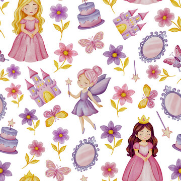 Watercolor fairytale seamless pattern with princess, fairy, dragon, castle, butterflies and flowers