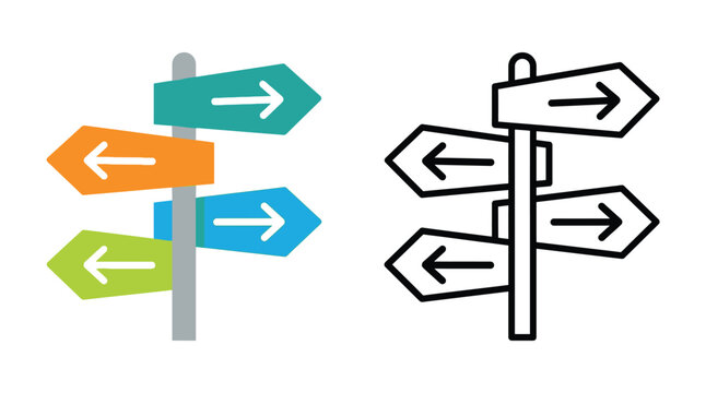 Directional signpost with multiple arrows a colored version and its line art