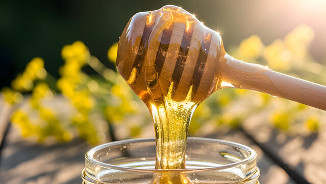 Golden honey dripping from wooden honey dipper into glass jar on sunny day with blurred yellow flowers