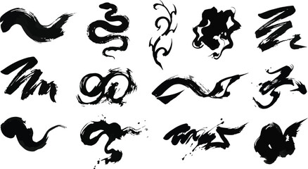 Fototapeta premium Set of black ink brush stroke elements with fluid shapes for artistic graphic design and layouts.