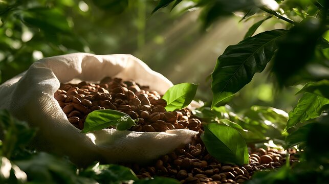 Coffee beans in sack among green leaves