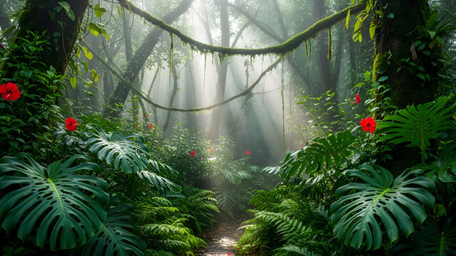 Misty tropical forest with lush greenery red flowers and a narrow path soft natural lighting serene atmosphere dense foliage vibrant colors