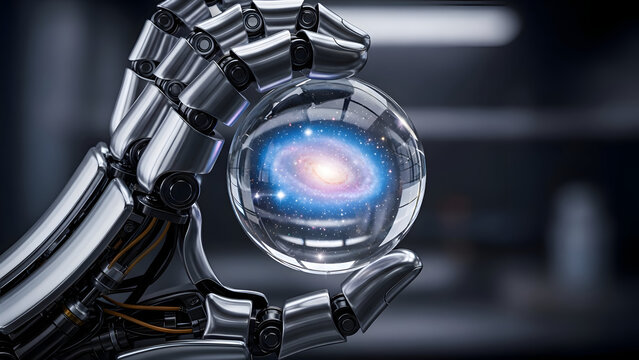 Robotic hand holding glass sphere with glowing blue and purple spiral galaxy inside futuristic technology concept with metallic mechanical fingers