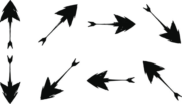 Black hand drawn tribal arrow vectors set on transparent background for boho ethnic design projects.