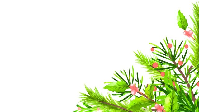 Watercolor pine branches with berries corner frame festive holiday