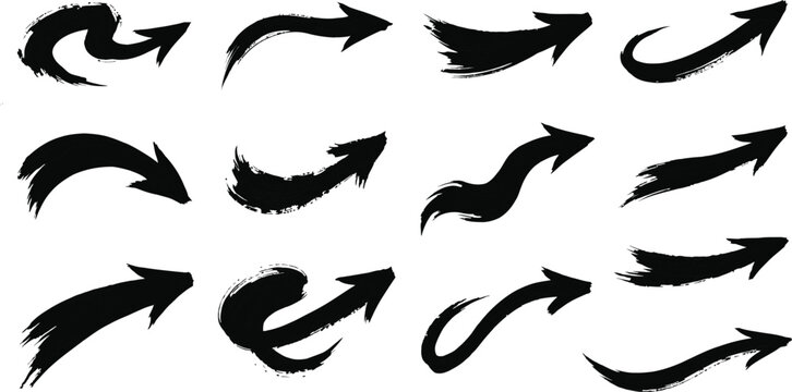Black grunge paint brush arrow elements collection for directions pointers designs and decorations.