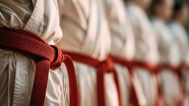 Row of martial artists with red belts