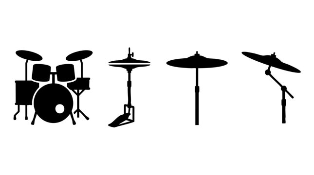 Drum Kit Vector Icons, Percussion Instruments Silhouettes, Rock Music Equipment Graphics, Musical Performance Symbols