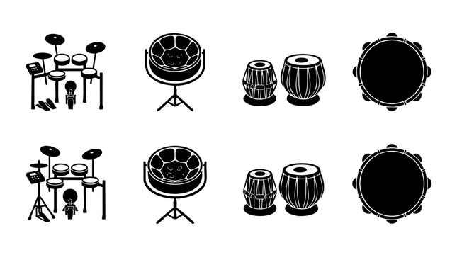 Set of 4 Black and White Drum Icons: Electronic Drum Kit, Steelpan, Tabla Drums, Tambourine. Musical Instrument Vector Graphics for Audio and Performance Concepts.