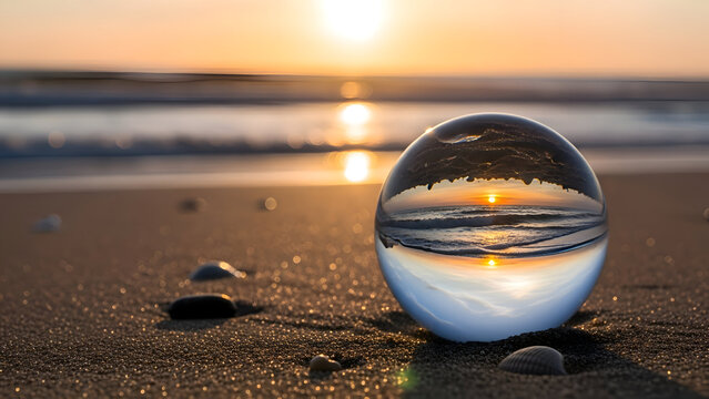 Crystal ball on sandy beach reflecting serene sunset landscape with calm sea and peaceful atmosphere at dusk