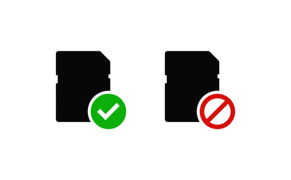 Minimalist memory card icons with green checkmark and red prohibition symbol