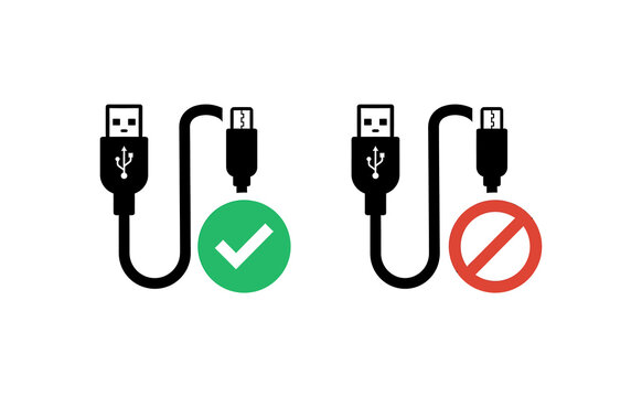 Minimalist vector illustration comparing correct and incorrect USB cable connection with icons