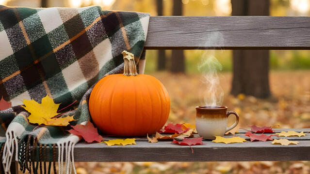 Cozy autumnal scene with pumpkin steaming coffee and plaid blanket on a wooden bench surrounded by fallen leaves