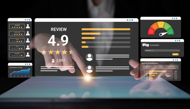 A digital review dashboard showcasing user ratings and feedback metrics, offering insights into performance and engagement through interactive touchscreen technology. Ledger
