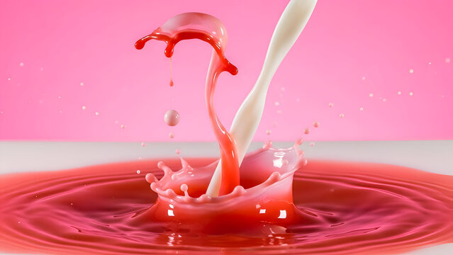 Milk and red liquid splash in pink background dynamic motion vibrant colors creative beverage concept abstract fluid art flowing texture modern design element