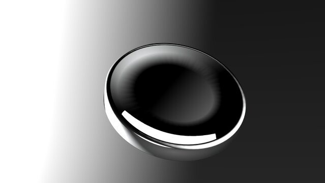 3D glossy black and silver metallic chrome oval concave disc object floating on gradient background for luxury abstract concept, modern UI button or tech element

