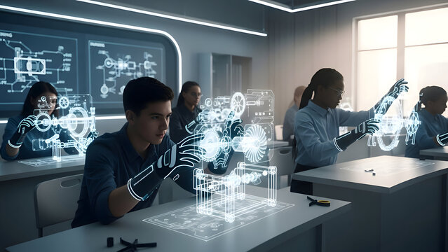 Team of young professionals collaborating on futuristic technology project in modern office workspace with holographic projections and digital interfaces