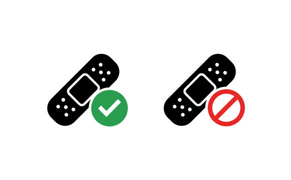 Minimalist adhesive bandage icons with green checkmark and red prohibition symbol