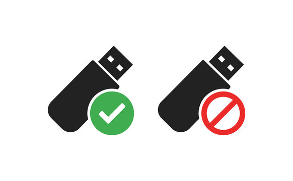 Minimalist USB flash drive icons featuring approved and prohibited symbols
