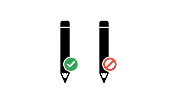 Minimalist pencil icons with green checkmark and red prohibition symbol for education