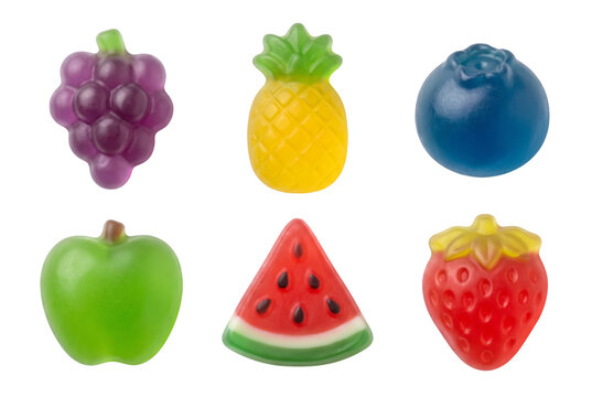 Six assorted fruit shaped gummy candies arranged in two rows