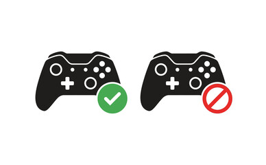 Minimalist game controller icons with green checkmark and red prohibition sign in flat vector style © Png Art