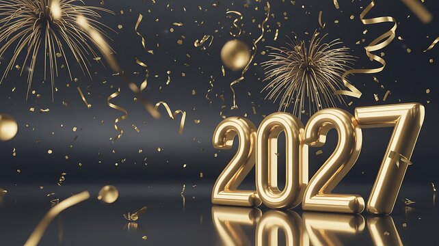 Golden new year 2027 celebration with sparkling lights and festive atmosphere