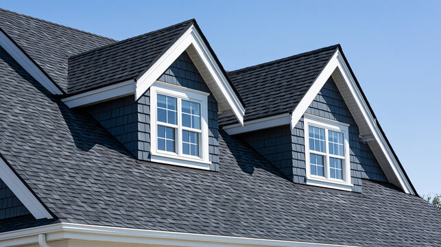 Dark asphalt shingle roof with two dormer windows under a blue sky. Ideal for residential roofing services.