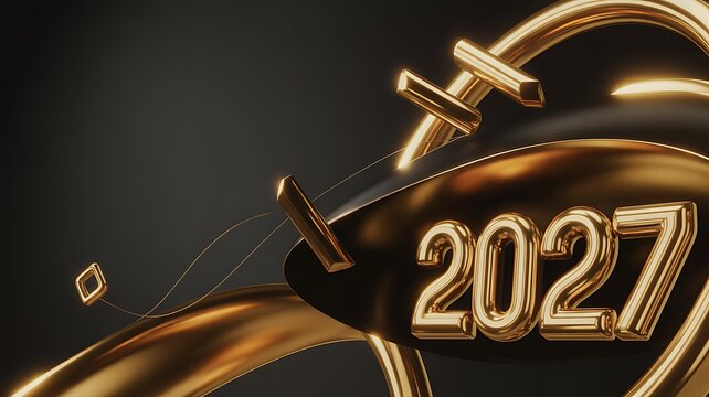 Golden new year 2027 celebration with glittering ribbons and festive background