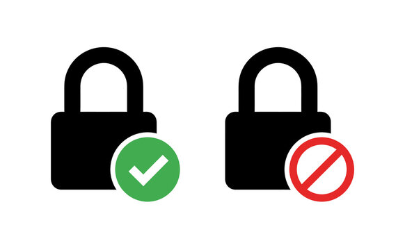 Minimalist black padlocks featuring green checkmark and red prohibition symbol for security status