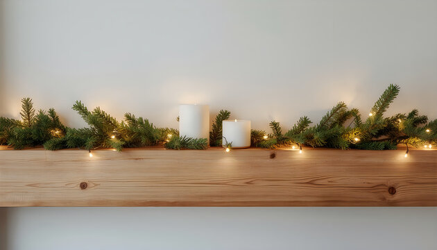 Christmas garland with candles and lights on wooden shelf.