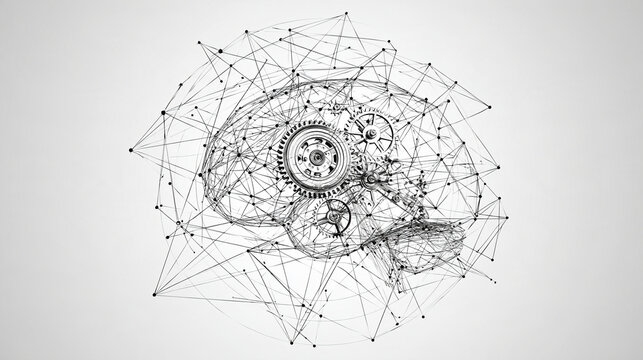 A wireframe brain outline filled with gears and digital network nodes on a light background. Ideal for AI and neuroscience concepts.