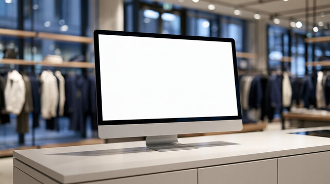 A desktop computer with a blank mockup screen sits on a retail counter. Ideal for e-commerce or digital POS advertisement templates.