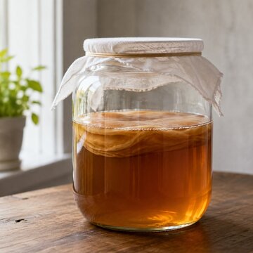 Kombucha scoby fermenting in a glass jar on a wooden table near a window
