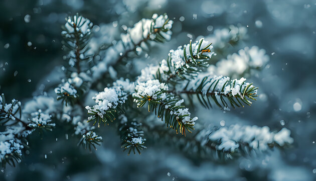 Evergreen pine branch with snow and ice during winter season.