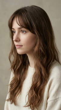 Young woman gazes to the side in a close portrait. Soft light highlights long brown hair against a neutral background. Calm lifestyle concept for beauty and wellness.