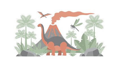 Prehistoric dinosaur landscape with brachiosaurus, erupting volcano, and flying pterodactyl. © Chumki