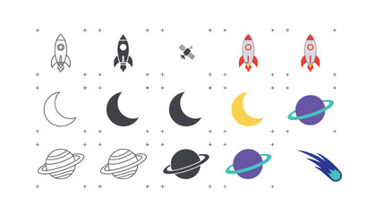 Space exploration iconography including rockets, crescent moon, planets, and flying comet. © Chumki