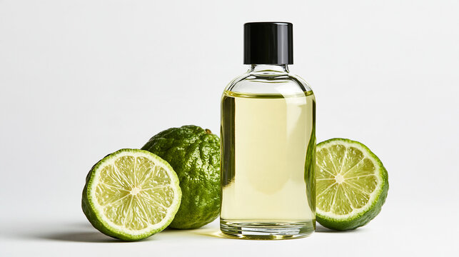 A glass bottle of bergamot essential oil with fresh kaffir lime fruits isolated on white background. Perfect for natural cosmetics and aromatherapy advertising.