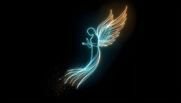 Glowing angel with wings and flowing robes on black background.