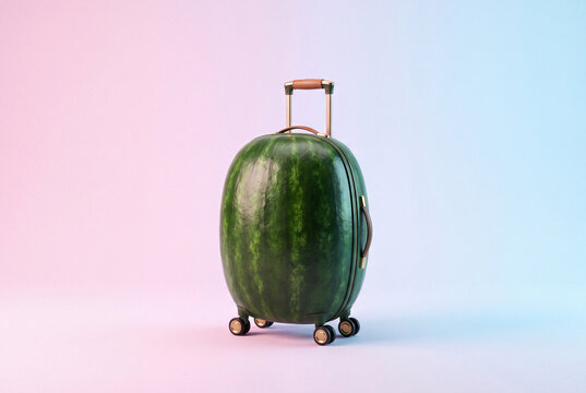 Watermelon-shaped suitcase on pastel pink and blue background
