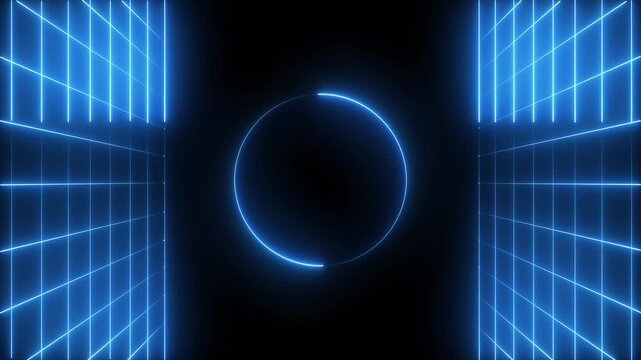 Futuristic neon glowing line background with circle animation.linear motion draws and beautiful lights background linear lamp fluorescent glowing animation backdrop , Animation of 4k video.