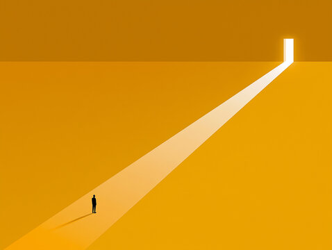 光の差す出口へ向かう人物を描いた希望と未来のコンセプト背景