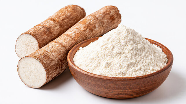 Raw cassava roots and a wooden bowl with starch powder isolated on white background. Perfect for healthy food and agricultural ingredient concepts.