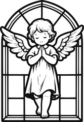 Obraz premium Angel child with wings praying inside stained glass window frame illustration