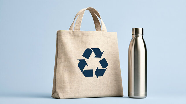 Reusable canvas tote bag with a recycle logo stands next to a metal water bottle on a blue background. Ideal for zero waste campaign concepts.