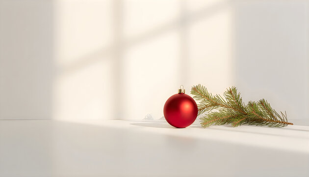 Red Christmas ornament and pine branch on white surface with light shadow.
